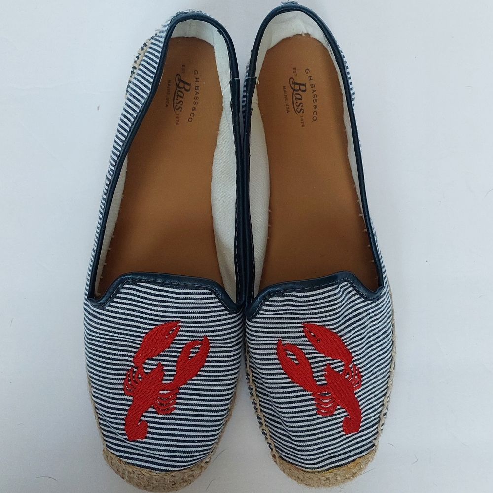 EUC G.H.Bass Jenna Blue Striped Canvas Espadrilles Red Lobster Embroidery Sz 8.5 - Picture 2 of 9